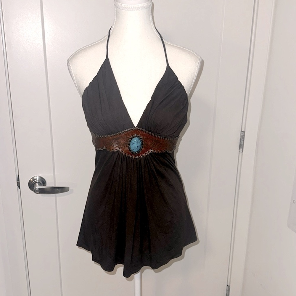 Sky RARE halter top with leather AND  turquoise jewel size large Y2K